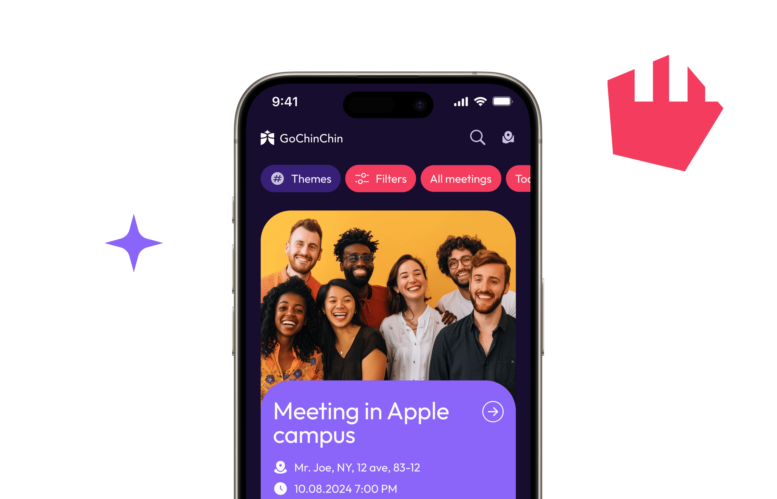 Главный экран приложения GoChinChin с темным фоном и яркими акцентами